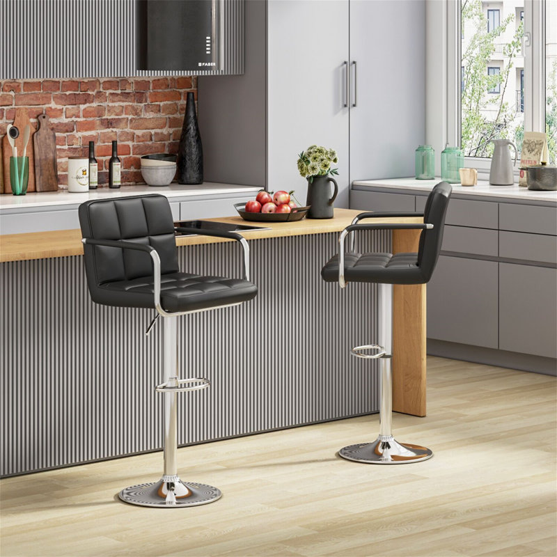 Set Of 2, Breakfast Bar Stool With Armrest And Back Swivel Gas Lift Leather Kitchen Bar Stool, Black