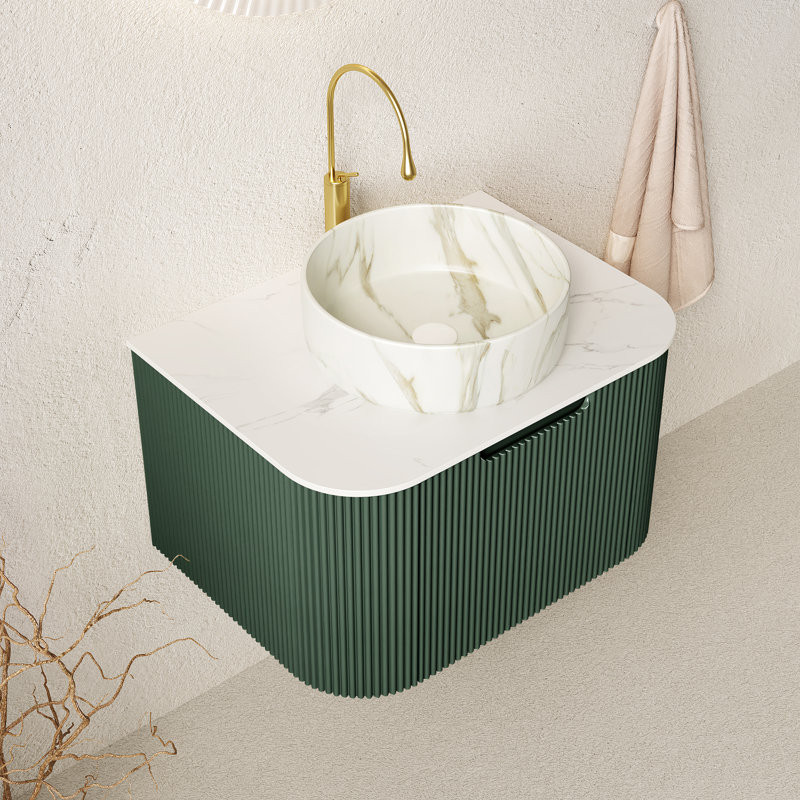 Meuble-lavabo de salle de bain mural à bords flottants courbés avec tiroir Dina, Vert