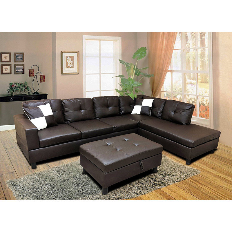 Faux Leather L-Shaped Sectional, Right Hand Facing, Espresso Faux Leather
