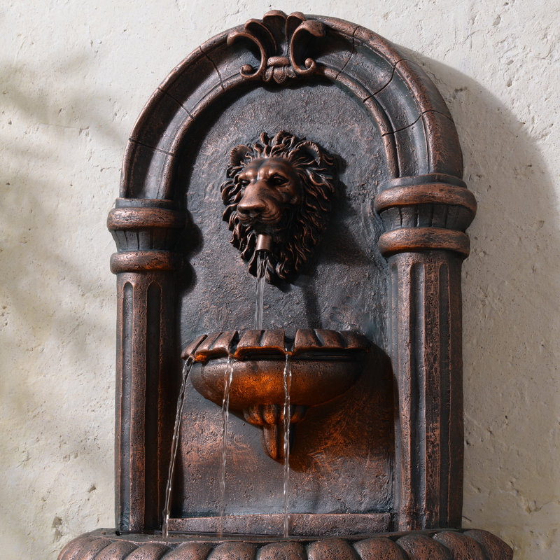 Tiered Lion Head Outdoor Water Wall Fountain with LED Light and Pump, Antique Bronze