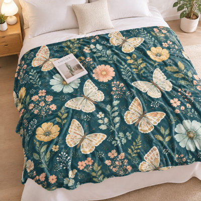 1pièce couverture en molleton à imprimé floral papillon - un côté; douillette, chaude et décorative Literie et articles de canapé
