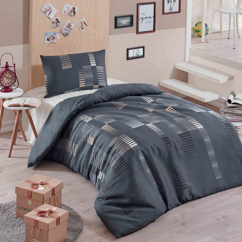 Ensemble de housse de couette simple Elegant, anthracite et or / blanc, 53,1 po x 78,7 po | 65% coton / 35% polyester, 120 fils | Lavable à la machine, housse de couette et enveloppe à fermeture à boutons | Parfait pour un décor de chambre à coucher 