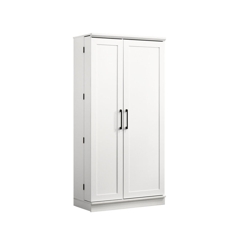 Armoire blanche de 35 pouces de large avec rangement pivotant, conception de porte encadrée, 3 tablettes de chaque côté, 2 tablettes réglables, porte de rangement en bois à panneau arrière avec accès par câble de 35 po de largeur, portes, par gestion inférieure