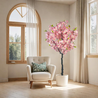 Artificial Cherry Blossom Tree, Tall Potted Faux Cherry Blossom Tree Plants In Pot With Lifelike Trunk For Indoor Home Decor For Home Office Bedroom Porch