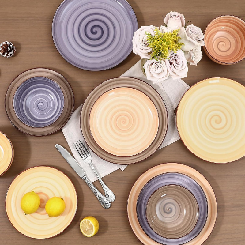 Service de table 24 pièces en céramique (assiettes et bols) pour 6 personnes, résistant aux égratignures, idéal pour les fêtes, compatible avec le lave-vaisselle et le micro-ondes, Maillard