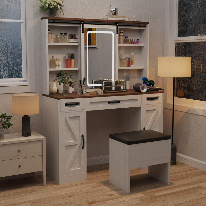LED Vanity Set With Sliding Mirror, Built-In Power Outlets & Storage (Included Stool)