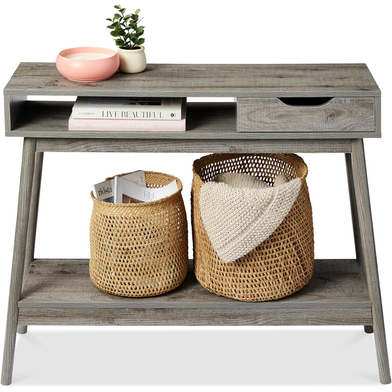 Gray Wood and Metal Console Table with Storage Shelves