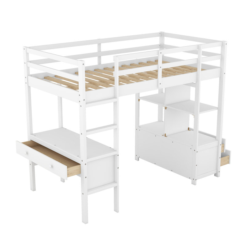 Erjon Kids Loft Bed with Drawers, White, Twin