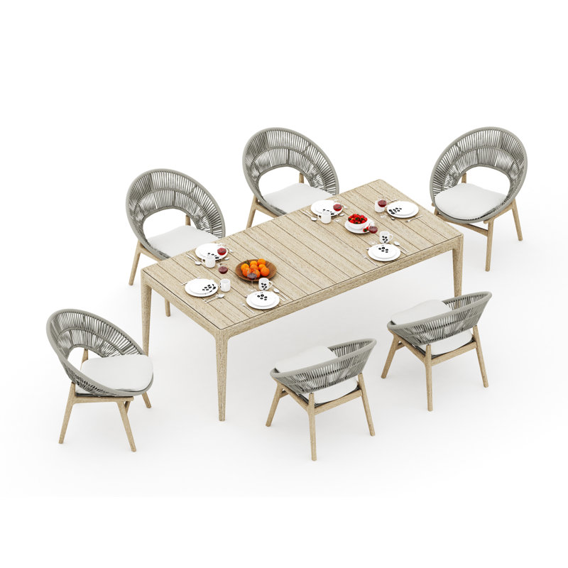 Ensemble de salle à manger 7 pièces en bois de teck vieilli de qualité A: table rectangulaire Amilo de 84 po et 6 chaises Robas # 11Ro3106