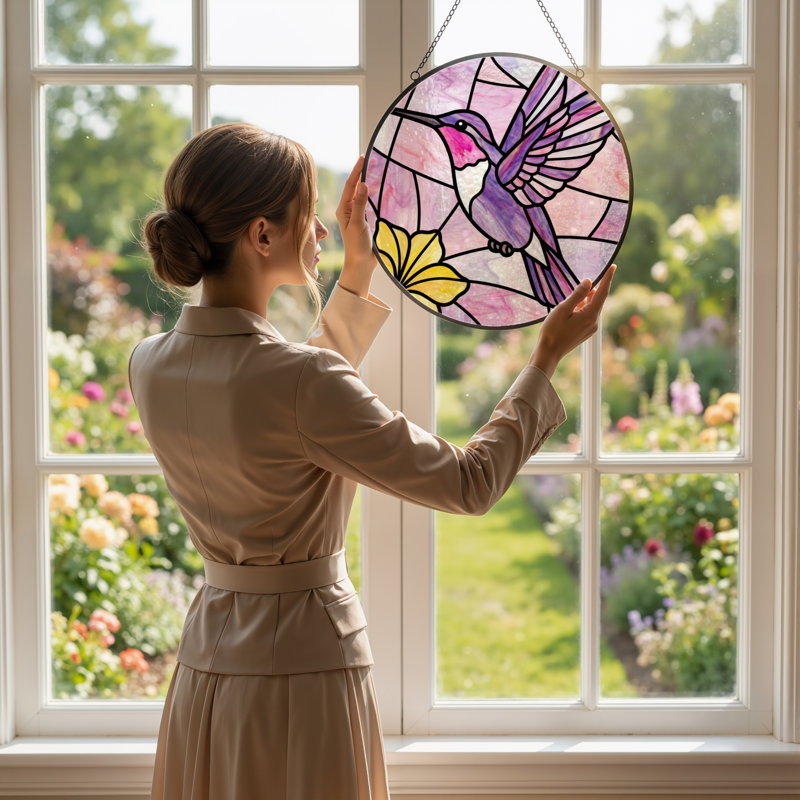 Panneau de vitrail 12 "Hummingbird Flower, H 12 po x l 12 po
