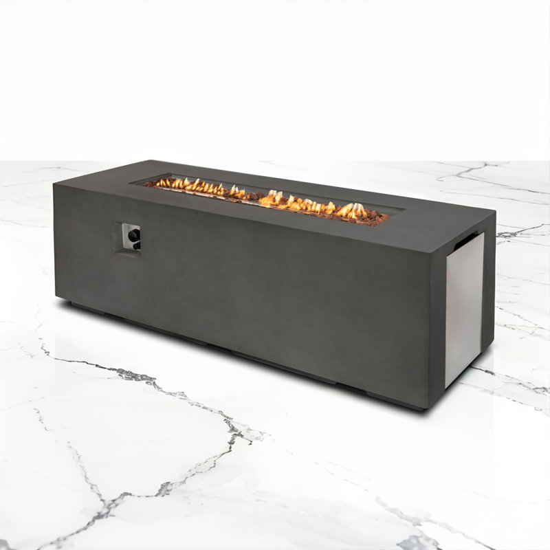 Barnabe 23.6" H x 70" W Rectangular Concrete Fire Pit with Built-in Storage Shelf and Gas Tank Seat, Dark Gray