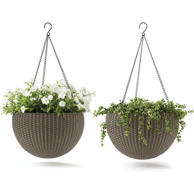 Resin Rattan Set of 2 Round Hanging Planter Baskets