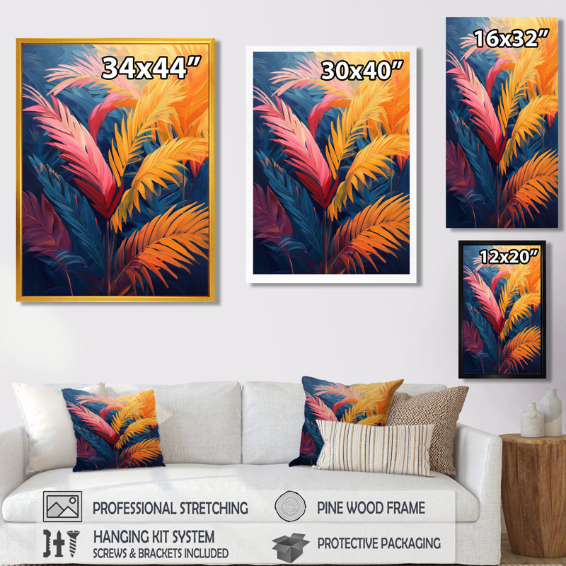 Impression sur toile orange, feuilles de palmier roses - Vibrant Dreams - palmiers et palmiers, Encadrement argenté