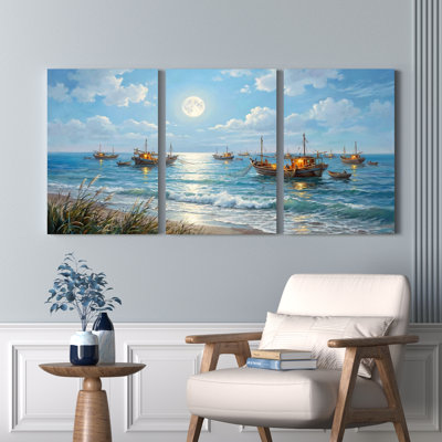 Océan au clair de lune, bateaux de pêche, reproduction d'art sur toile tendue sur toile, ensemble de 3