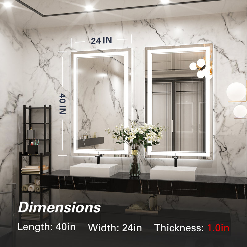 Adorna Frameless LED Lighted Bathroom / Vanity Mirror with Brightness Adjustable, Memory Function, Anti-fog, 24"  x 40" 