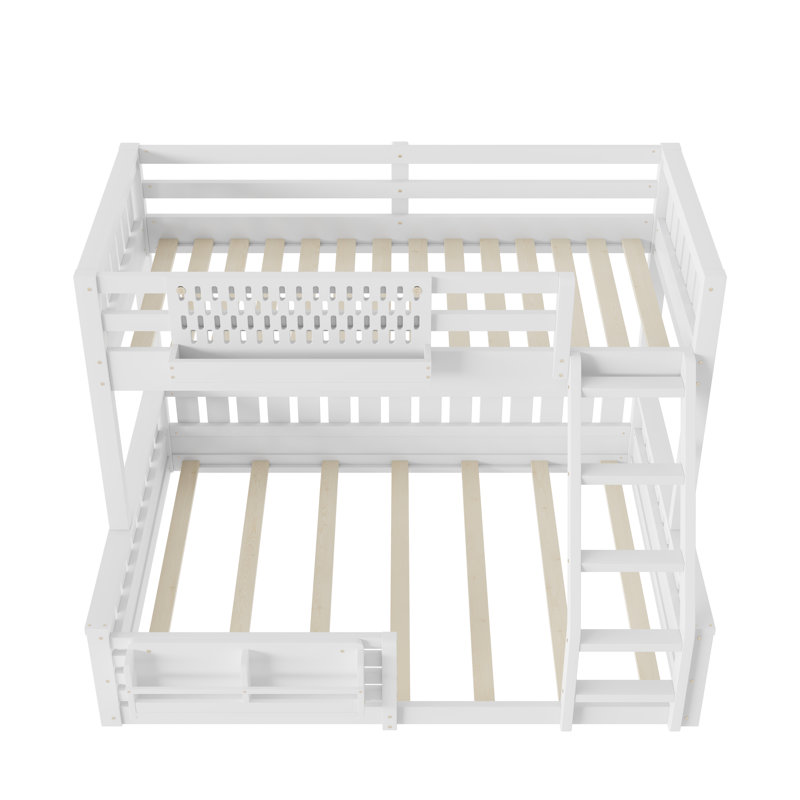 Twin XL Over Queen Bunk Bed With Ladder And Guardrails, Pegboard And Bookshelf, White, Twin XL over Queen, White