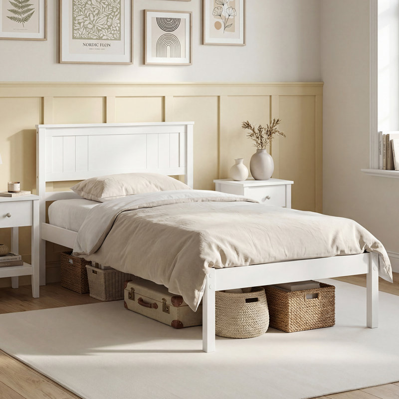 Base de lit plateforme simple en bois avec sommier pour tête de lit, blanc, Twin