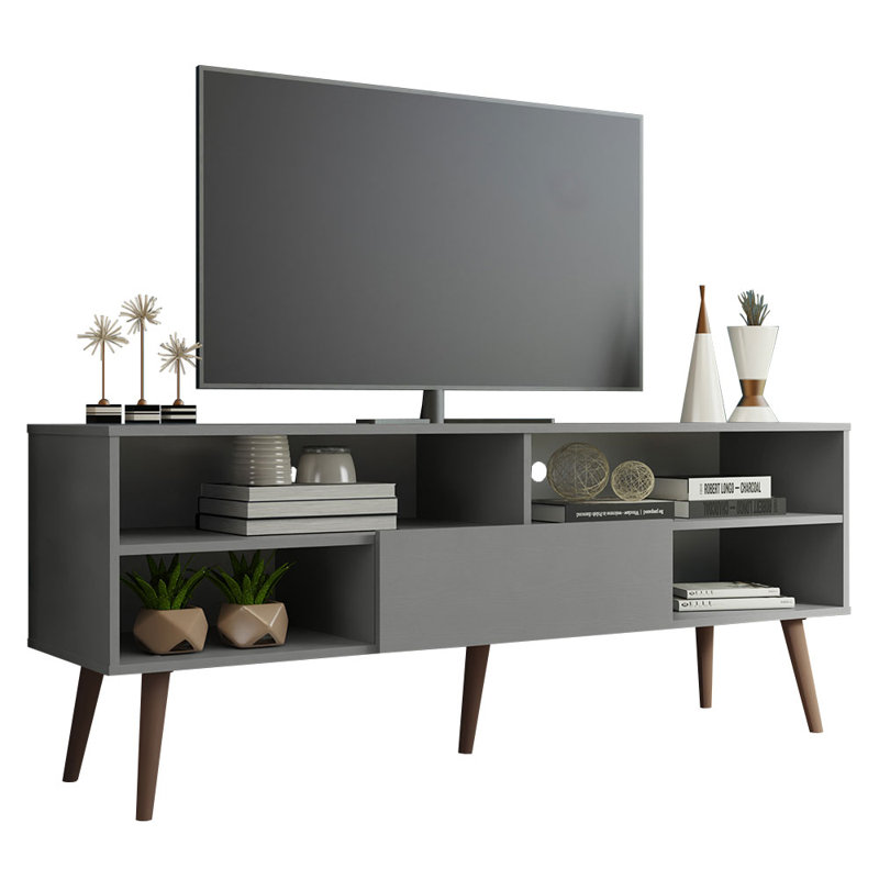 Meuble télé avec 1 porte, 4 tablettes pour téléviseur de 65 po ou moins IZZA, meuble audio-vidéo en bois, gris