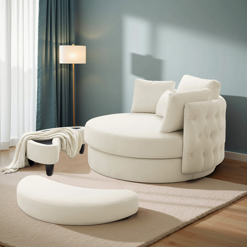 Fauteuil pivotant rembourré capitonné avec repose-pieds, Beige