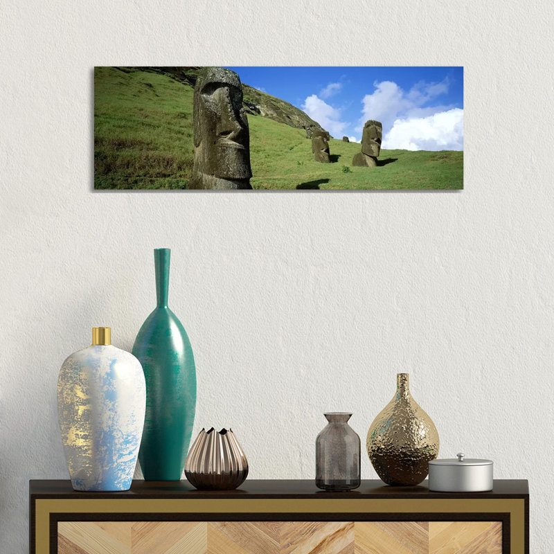 Stone Heads, Easter Islands, Chile - Wrapped Canvas Panoramic Print, 30.48 cm H x 91.44 cm W x 3.175 cm D