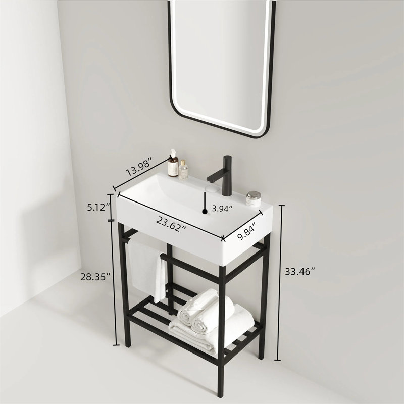 Meuble-lavabo de salle de bain avec lavabo en céramique, Noir, Blanc