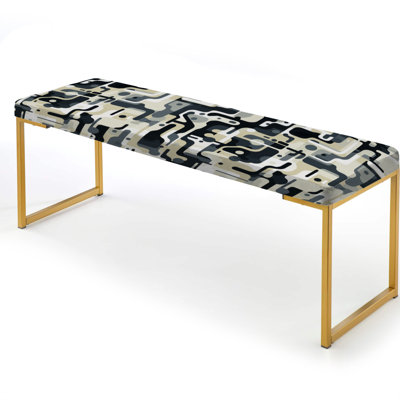 Beige And Grey Urban Maze - Geometric Upholstered Gold Bench