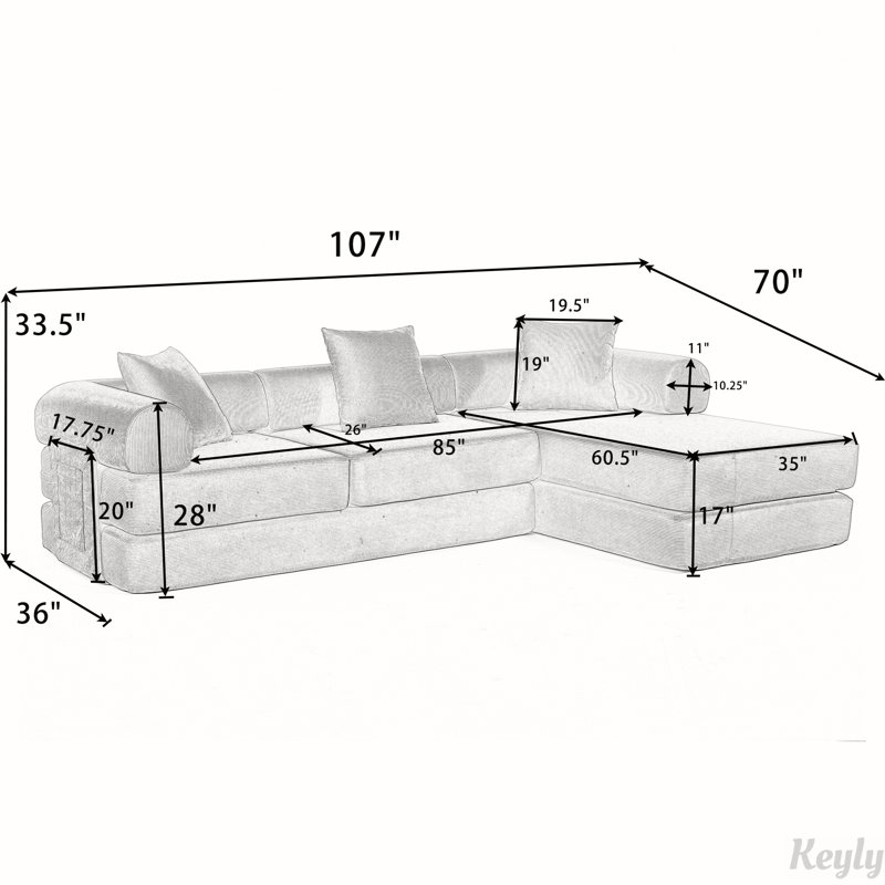 107'' Folding Cloud sofas Modular Sectional Sofa, DIY ,No Assembly, Black