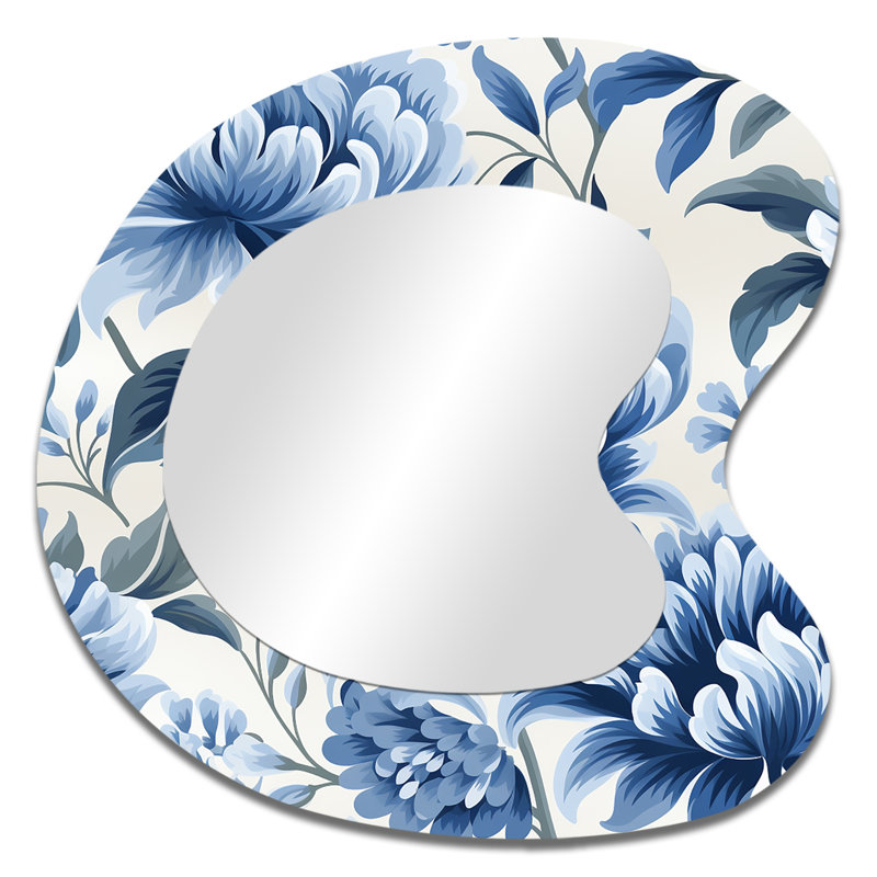 Raglen White And Blue Damask Breeze - Damask Asymmetrical Decorative Mirror, Blue Irregular Shape Wall Mirror, Printed Metal Art