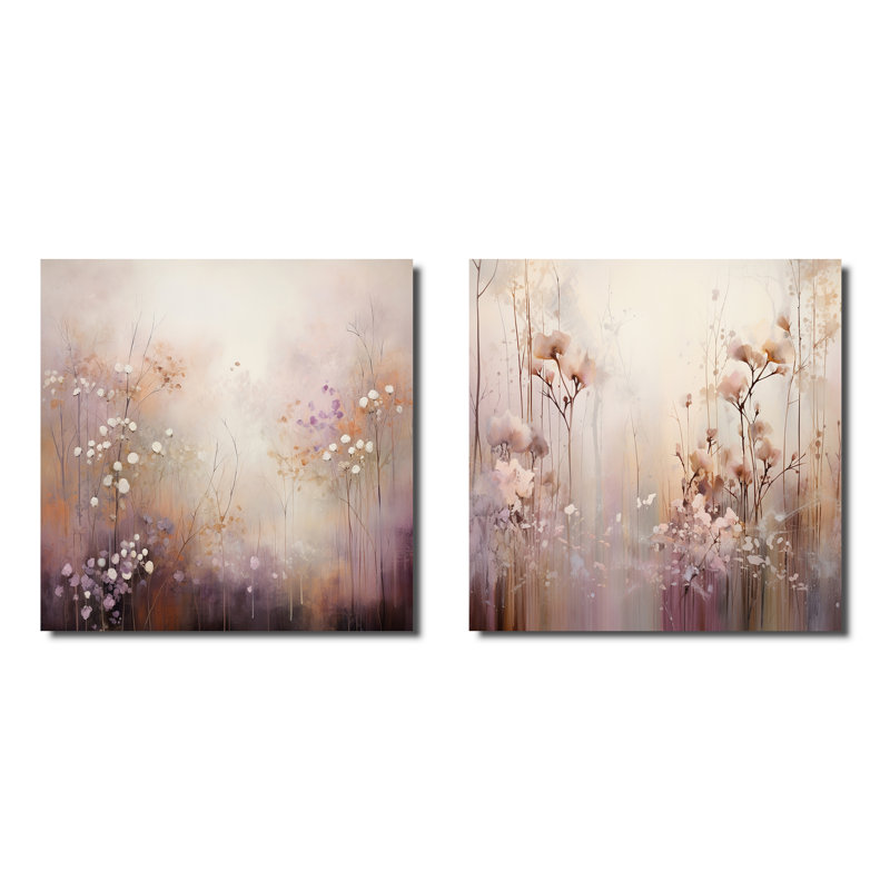 Beige Botanical Impressions - Ensemble de 2 collages carrés botaniques abstraits, Toile tendue, H 36 po x l 73 po