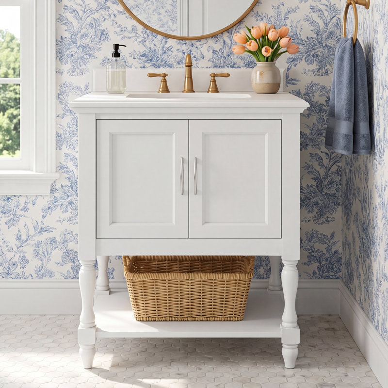 Hampton 30'' Single Bathroom Vanity with Top, White, Carrara Marble