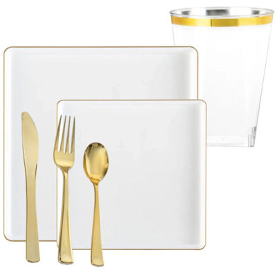 The Edge Collection Elegant Transparent White with Gold Rim Square Dinner Tableware COMBO Set