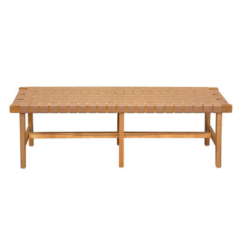 Elegant Wood Bench With Woven Pu Leather Seat For Bedroom Seating - 53.08 In Depth, 16.57 Width, 18.6 Lb Weight And Footrest, Lightweight