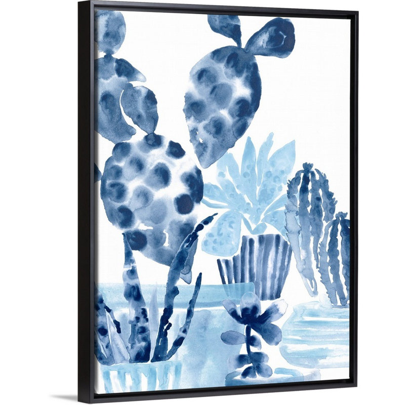 Indigo Succulent II - reproduction d'art sur toile, Cadre flottant noir, H 17,7 po x l 13,7 po x P 1,75 po