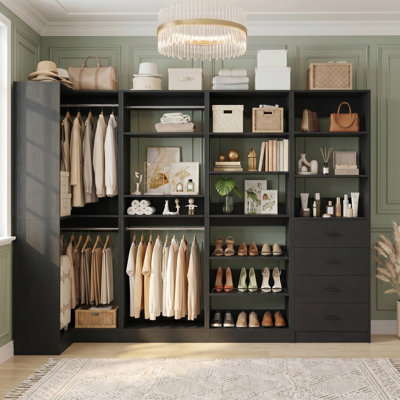 Organisateur de garde-robe de 102,8 po de large avec 4 tiroirs, étagères à chaussures et tringles à vêtements à plusieurs niveaux