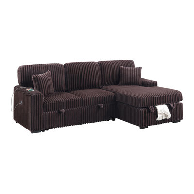 Modern Style 2Pc Convertible Sectional Pull Out Sofa Fold Down Table Cup Holder USB Port Storage Chaise Matching Pillow Coffee Finish Primary Living Room