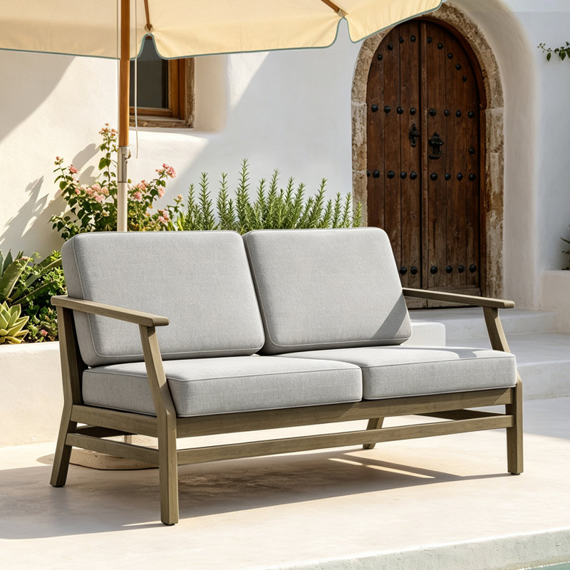 Causeuse d'extérieur en bois de teck avec coussin et accoudoirs Clinkscales, Chameau clair, Brun