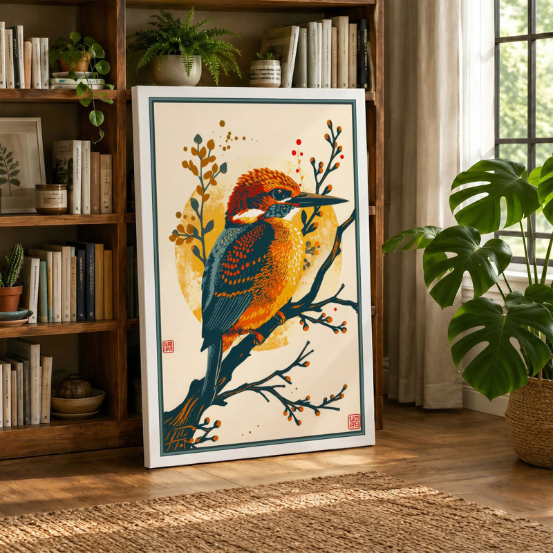 Kingfisher Among Branches Japandi - Wrapped Canvas, 18x12 - 45.7 x 30.5 cm, Cream Border