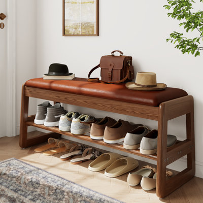 Solid wood shoe benches, leather or linen seat, double-tiered shelf design, flip-up storage
