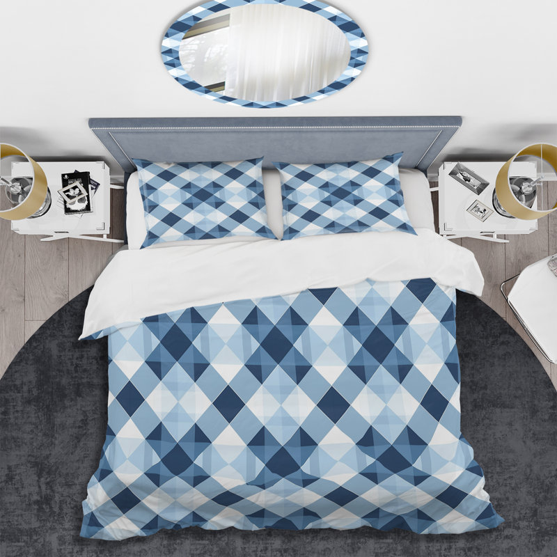 Ensemble de housse de couette moderne à imprimé vichy bleu et blanc, Housse de couette pour grand lit et 2 taies décor