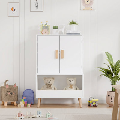 Armoire de rangement pour enfants avec double porte et compartiment ouvert, organisateur de jouets en bois avec pieds en bois massif, bibliothèque/coffre à jouets pour chambre d'enfant, salle de jeux ou chambre d'enfant