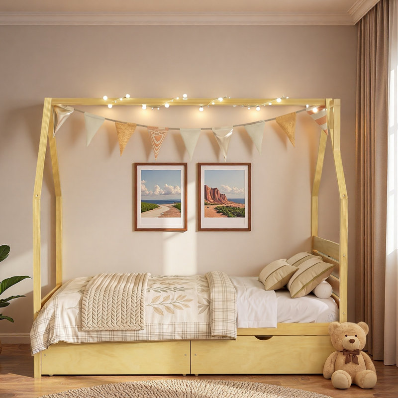 Lit en bois en forme de maison avec 2 tiroirs de rangement, support dorsal fiable et conception de toit adorable, Full