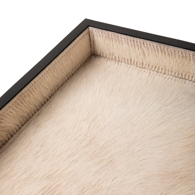 Cream Cow Hide Rectangle Tray With Black Leather Trim - Large, 2" H x 20" W x 10" D