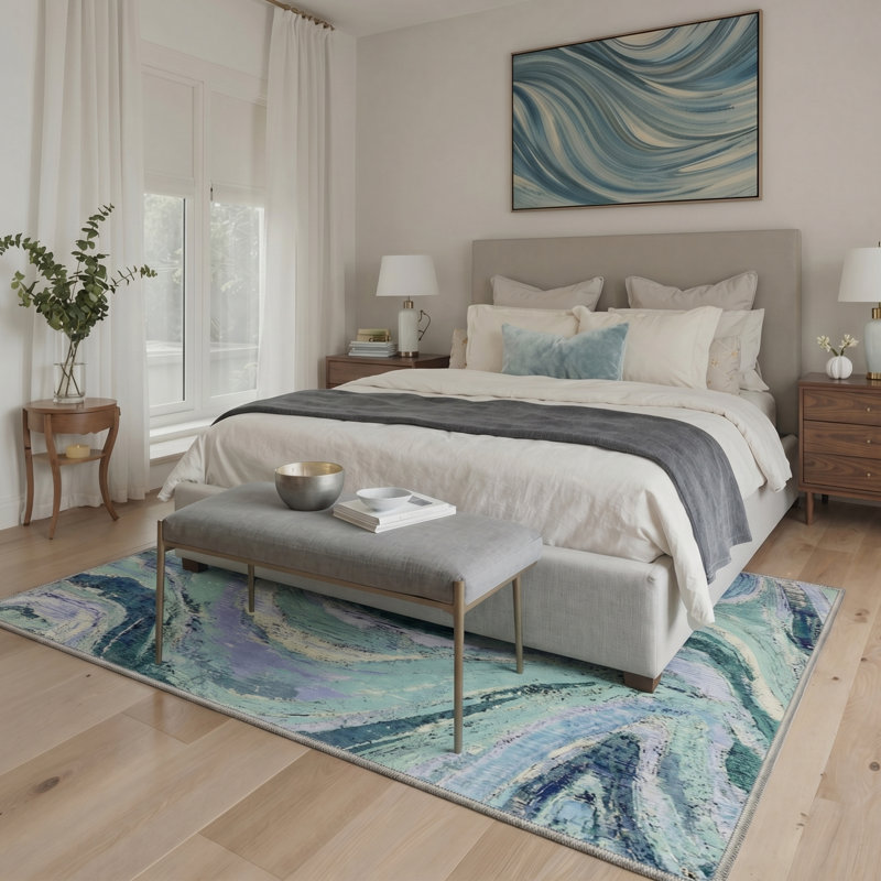 Tonicka Vortex Abstract Machine Washable Blue / Purple / Beige Indoor Area Rug with Non-Slip Backing, Rectangle 5' x 7'