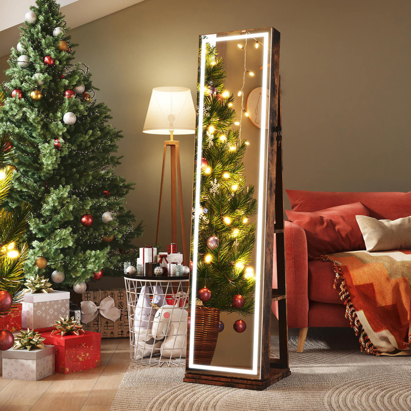 360° Swivel Jewelry Cabinet with Lighted Full Length Mirror & Back Shelves, Lights Brown, Brown