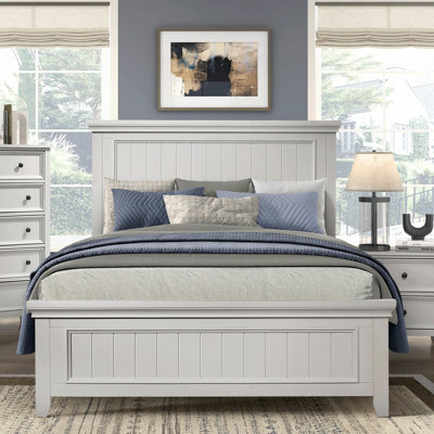 Queen Panel Bed - 66" x 85" x 55.5" - Wood - 2 Pieces - Bed - Off White - Farmhouse style + shiplap panels