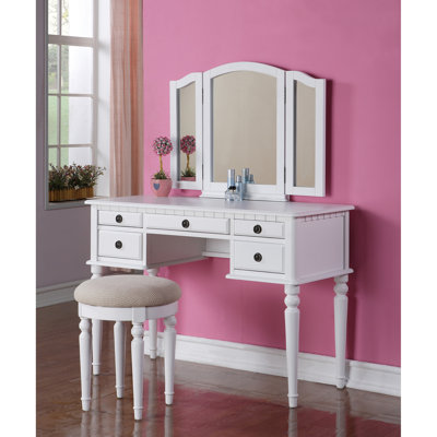 Ensemble de meuble-lavabo de chambre à coucher contemporain avec tiroirs de tabouret à miroir pliables de couleur blanche
