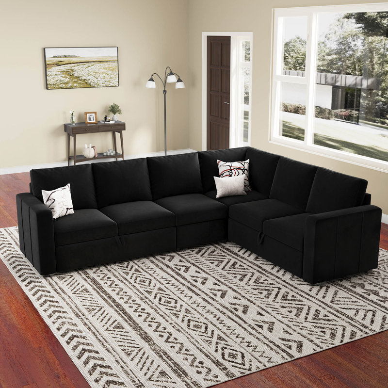 L-Shaped Modular Sleeper Sectional, Velvet - Black