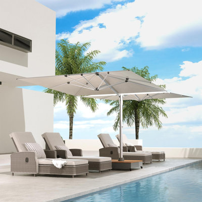 Grand parasol de patio 10 x 10 pi avec base, parasol en porte-à-faux extérieur en aluminium à double face, parasol décalé avec couvercle pour usage commercial, bord de piscine, terrasse, cour, gris