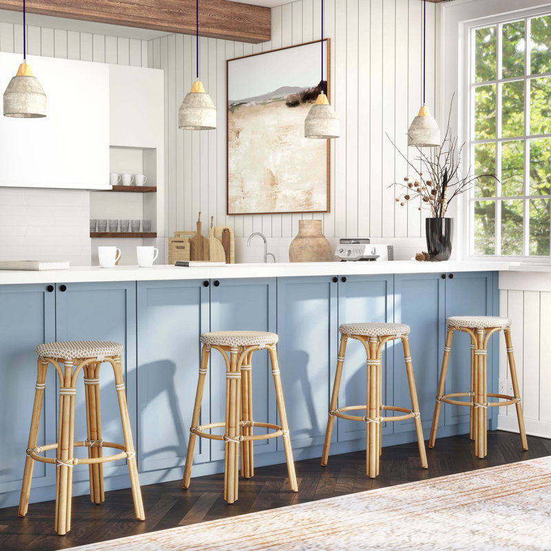 Tobias Rattan Bar Stool & Counter Stool, Bar Stool (30" Seat Height), White/Tan Dot/Natural Rattan Frame