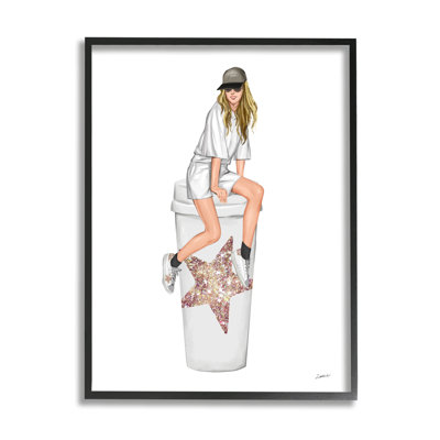 Stupell Industries Trendy Fashionable Girl Coffee Cup Framed On Wood By Ziwei Li Graphic Art In Midnight Black Framed Giclee